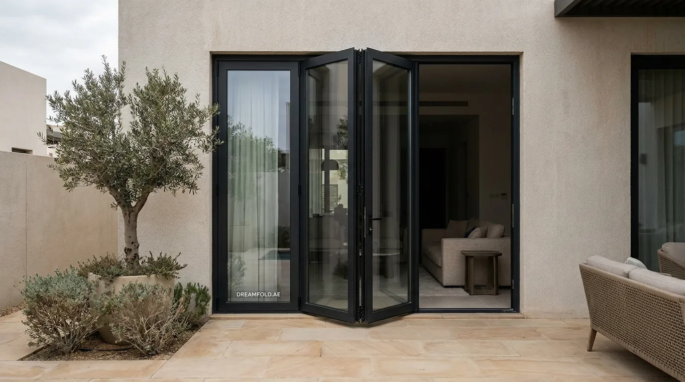 Aluminium folding door opening onto a courtyard in a modern Dubai villa