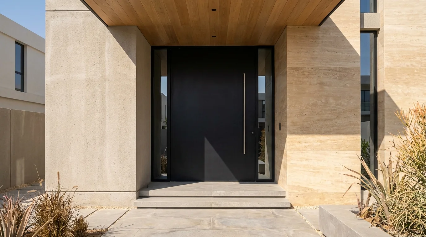 Modern aluminium entrance door set into a stone-clad Dubai villa elevation