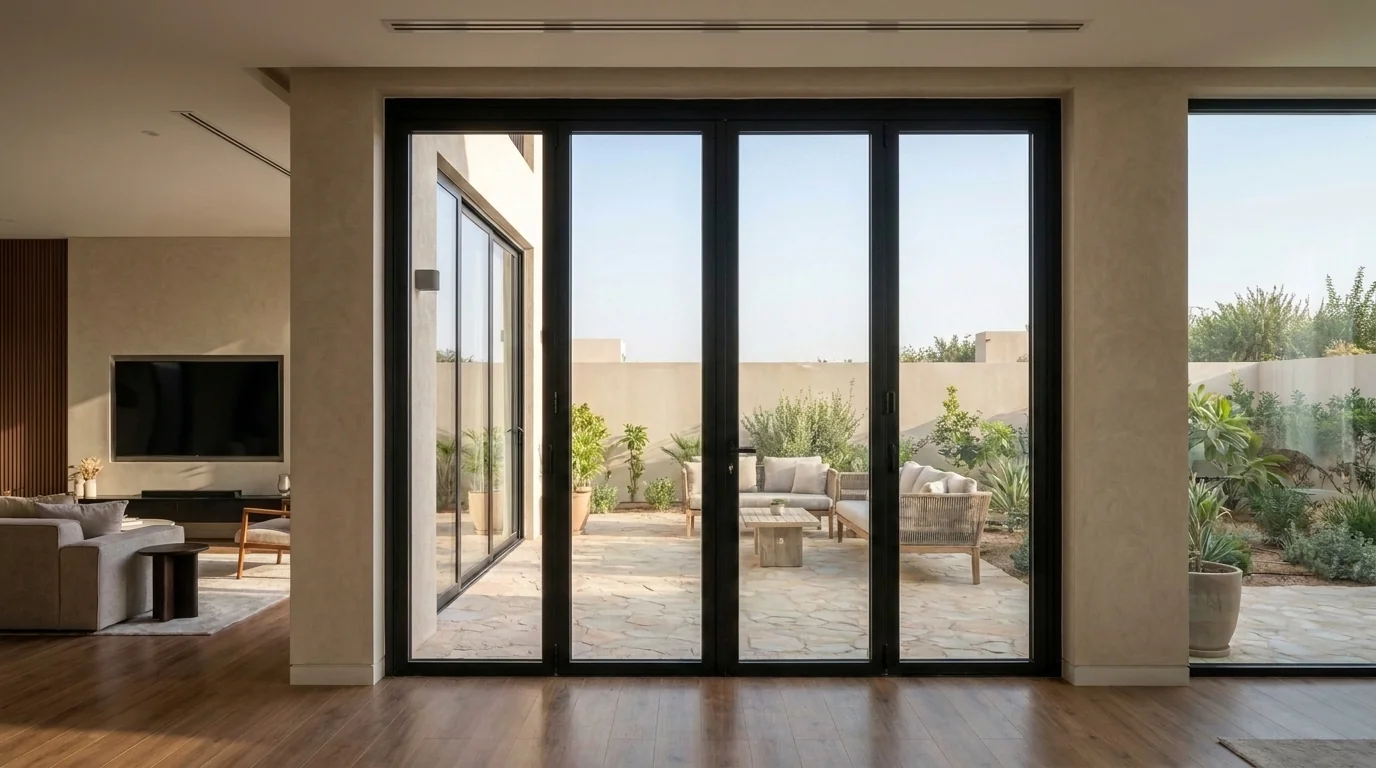 Telescopic sliding doors opening a Dubai villa lounge onto the terrace with a flush floor track