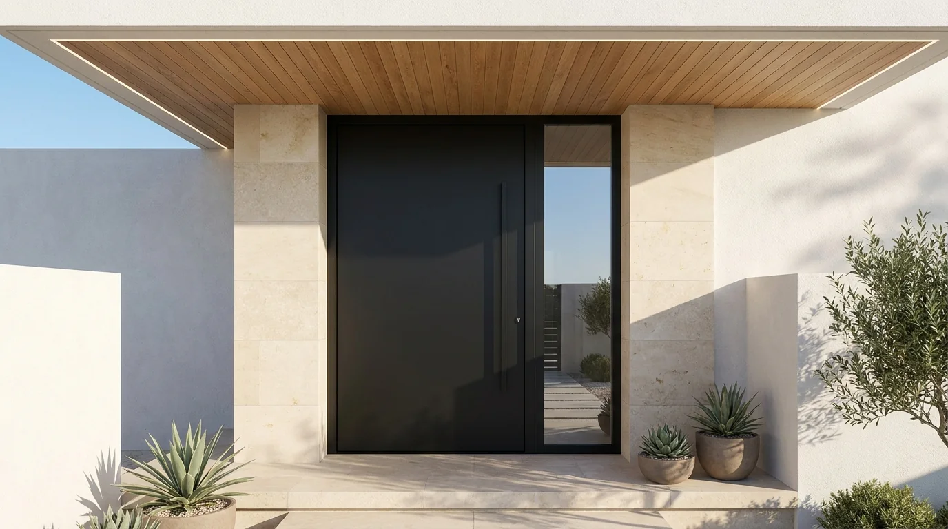 Oversized matt black aluminium pivot door on a luxury home entrance