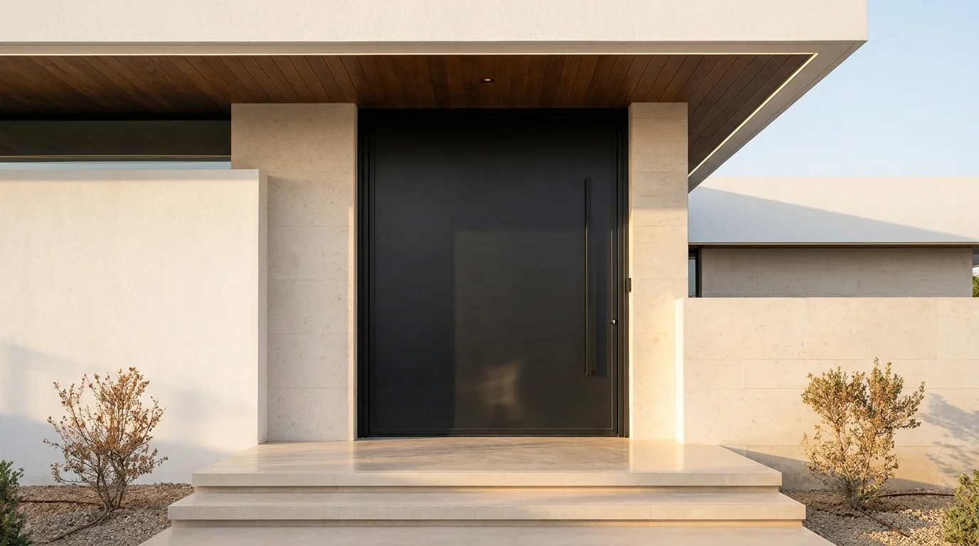 Oversized dark aluminium pivot door at the entrance of a Dubai luxury villa
