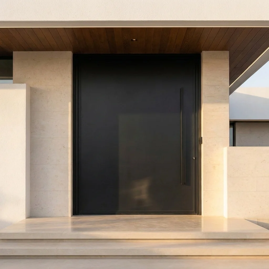 Tall aluminium pivot entrance door framing the doorway of a Dubai villa