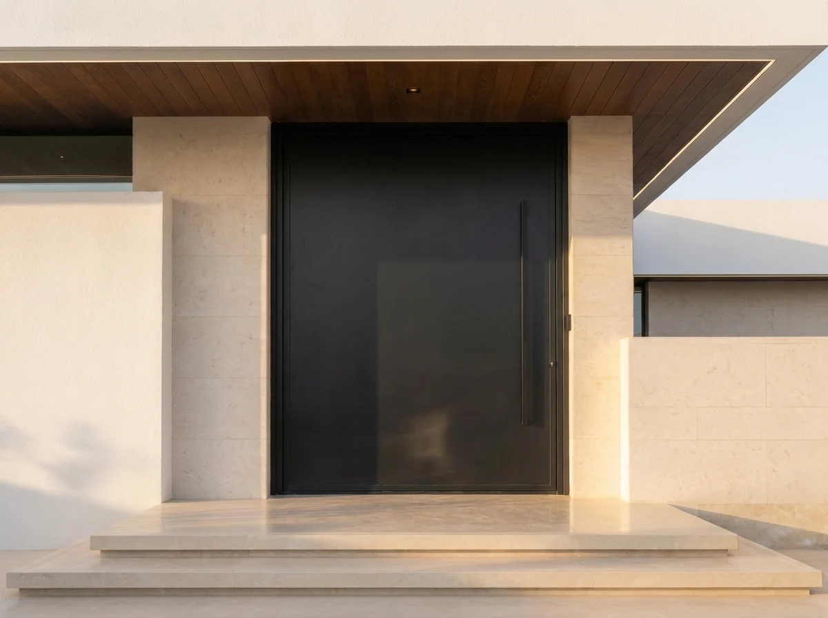 Oversized aluminium pivot door on a luxury Dubai villa entrance