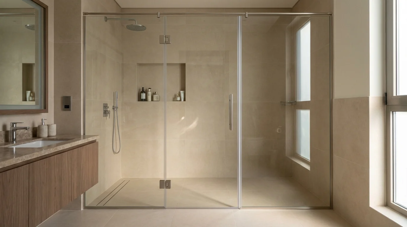 Glass bathroom door and tiled wet area in a Dubai master bathroom