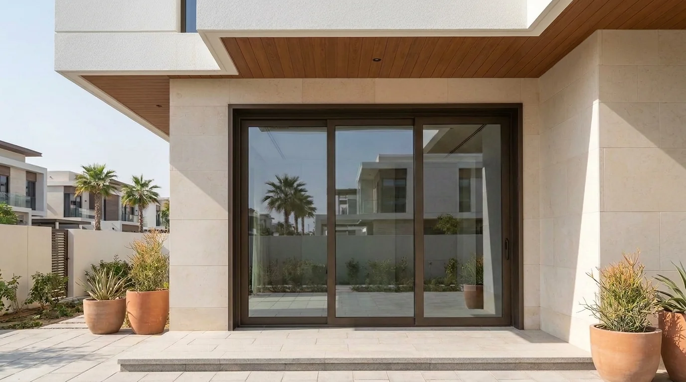 Aluminium sliding door set between limestone walls in a Dubai villa
