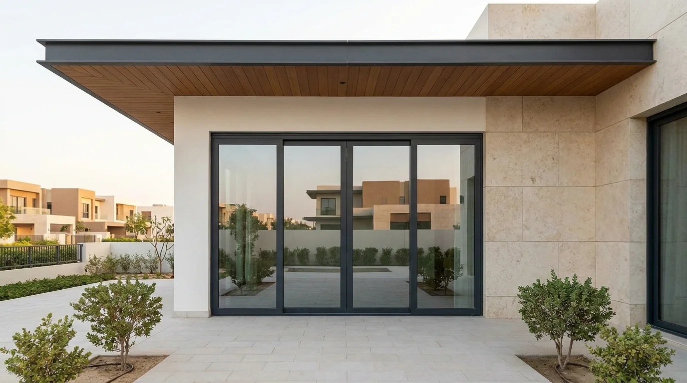 Aluminium sliding door in a luxury Dubai villa opening to a landscaped garden