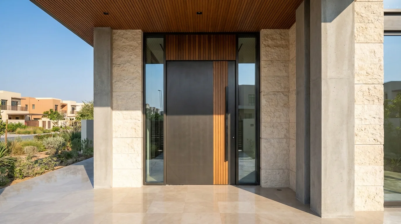 Aluminium pivot entrance door on a modern Dubai villa with central rotation hinge