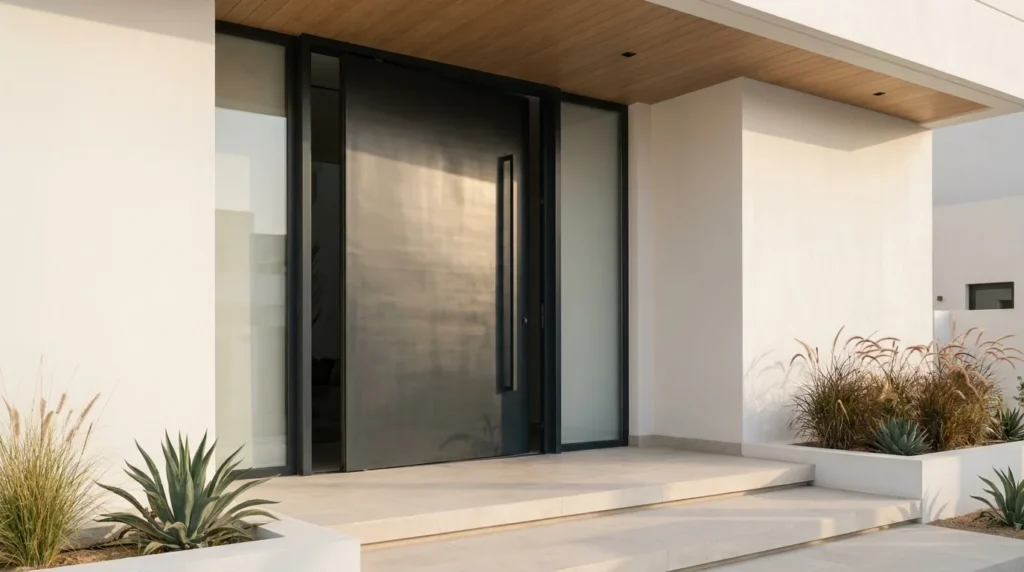White-rendered Dubai villa exterior with a dark slim-framed aluminium entrance door